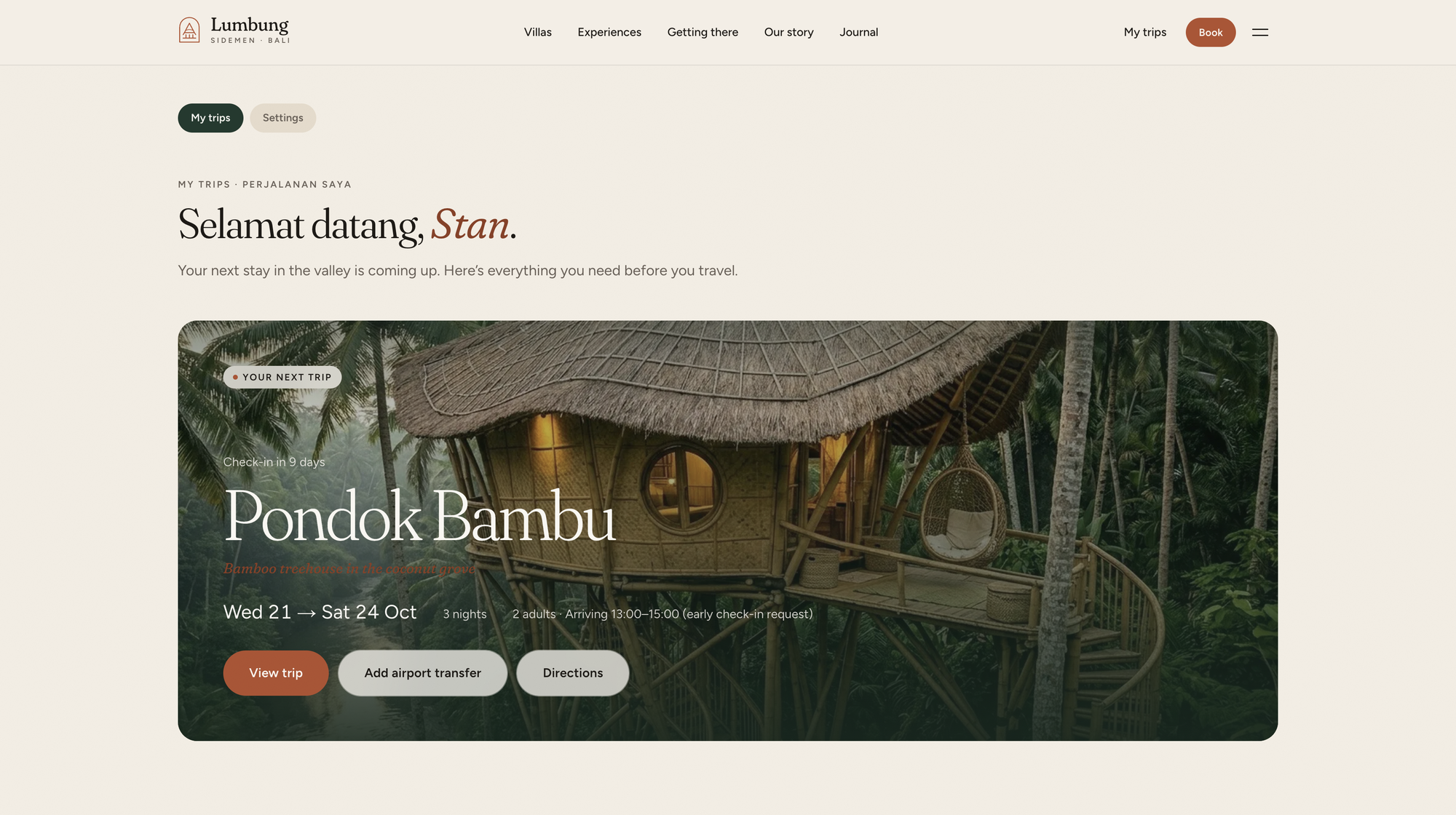 Bali Villa Rentals template My trips page showing the next stay at Pondok Bambu with check-in and check-out dates and night count