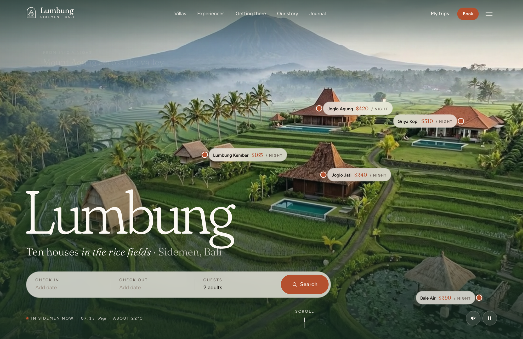 Bali Villa Rentals template homepage hero, an aerial view of rice terraces with nightly price pins over the villas and a date and guest search