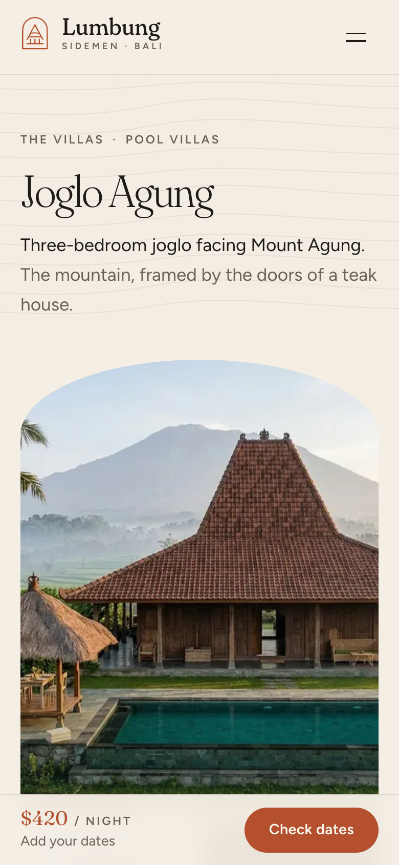 Bali Villa Rentals template villa page on a mobile screen