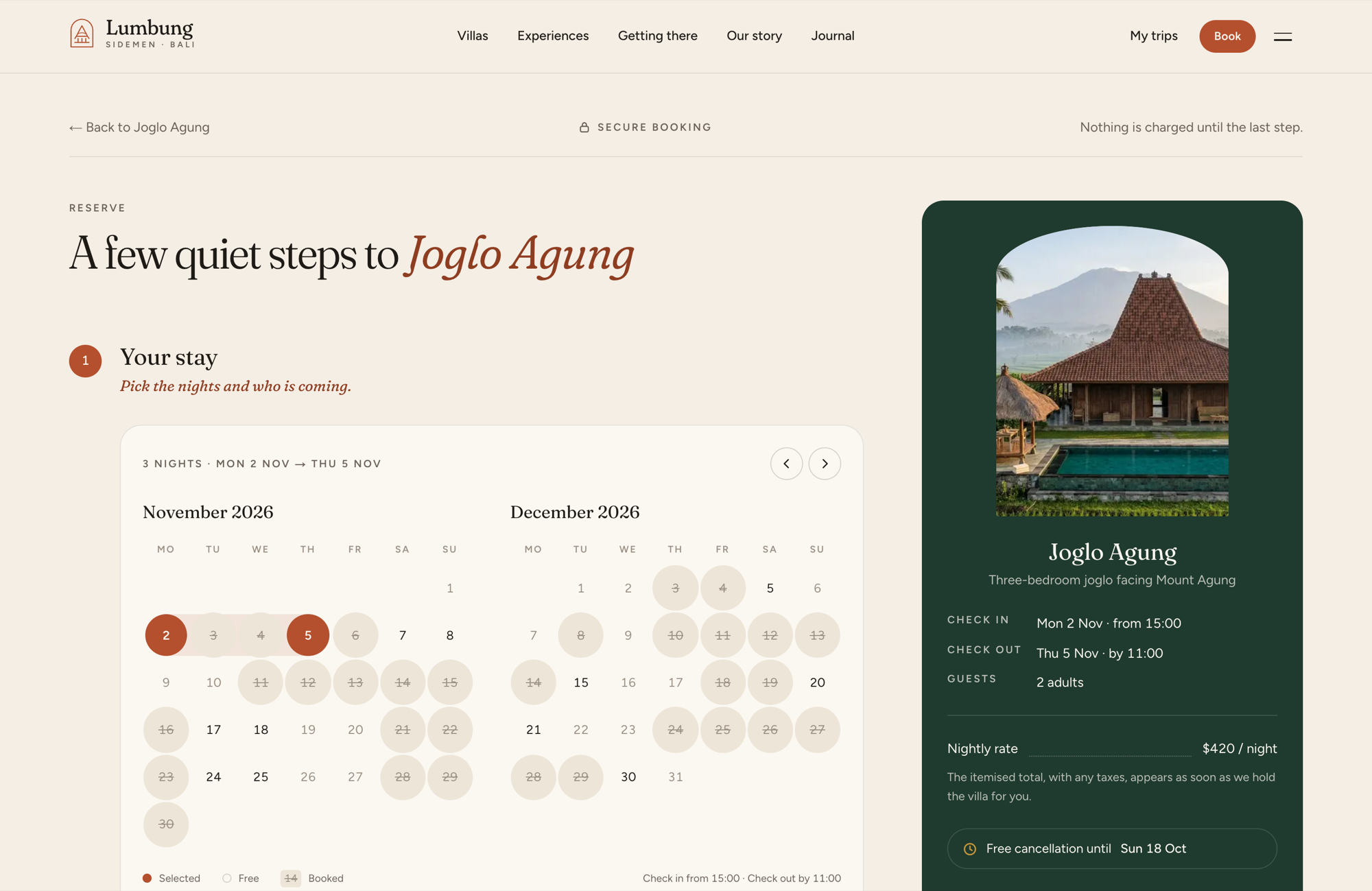 Bali Villa Rentals template reserve page with check-in and check-out dates, guest counts, arrival time, extras and a stay summary