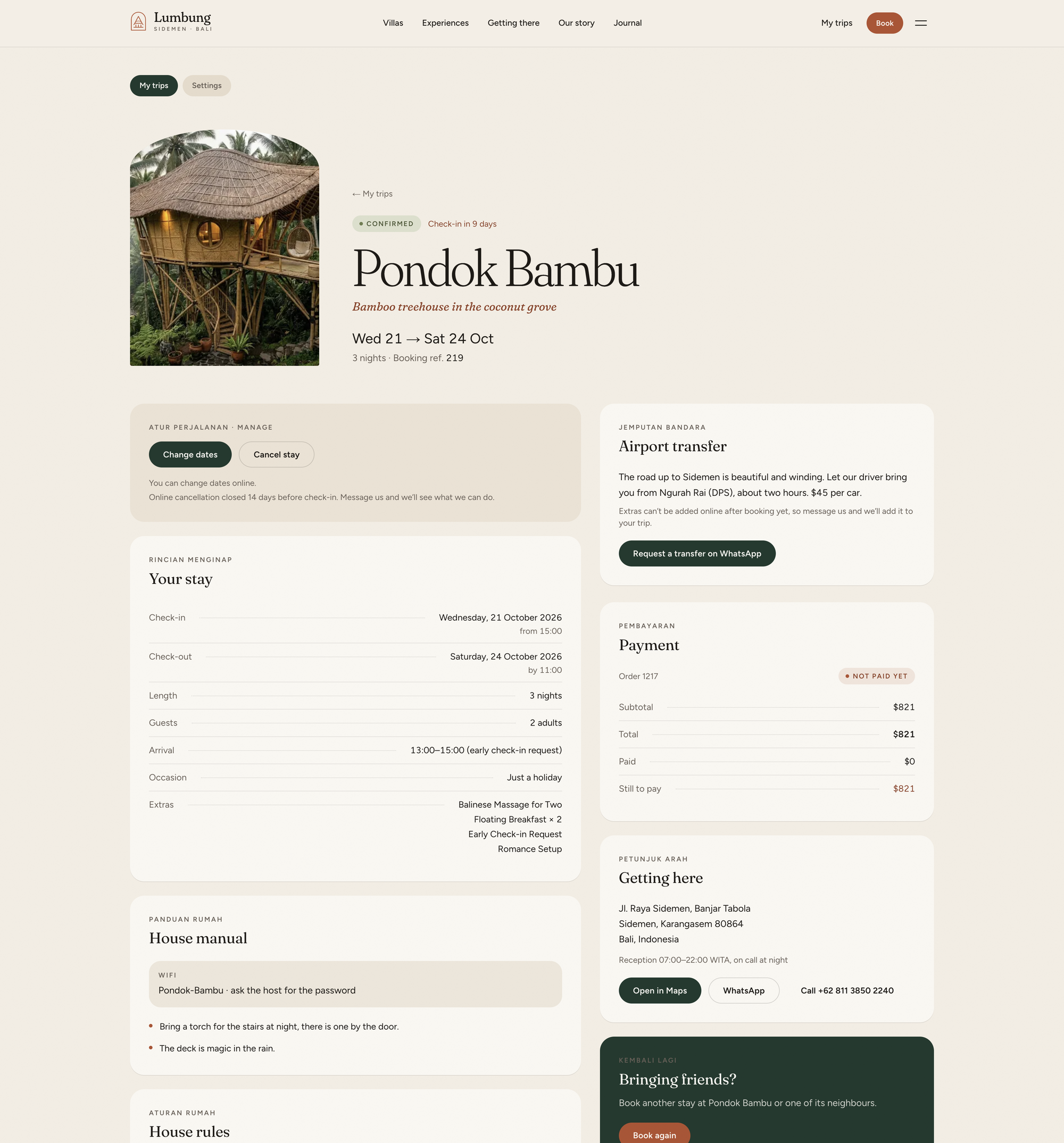 Bali Villa Rentals template trip page with stay details, change dates and cancel buttons, payment summary and directions