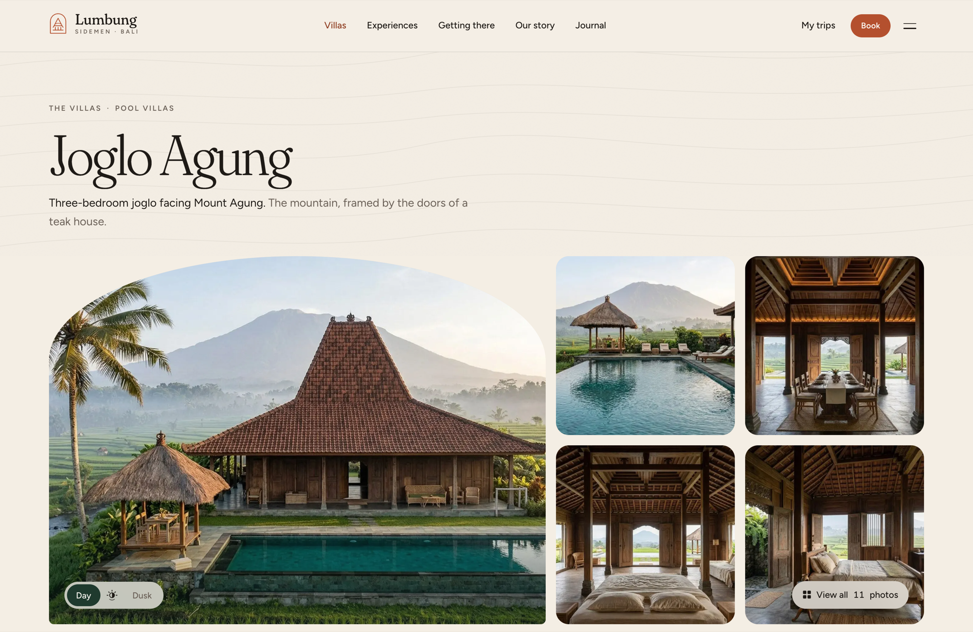 Bali Villa Rentals template villa page for Joglo Agung with a photo gallery and a reservation card