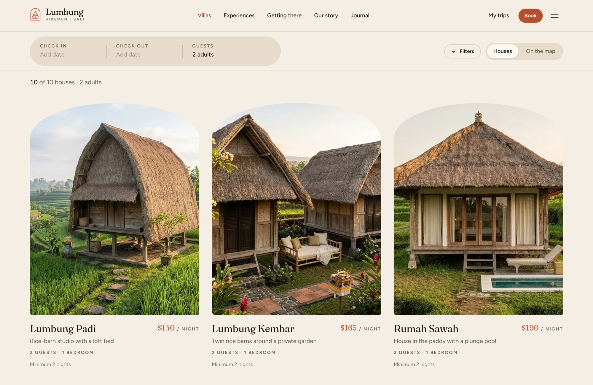Bali Villa Rentals template villas page listing villas with nightly rates and collection filters
