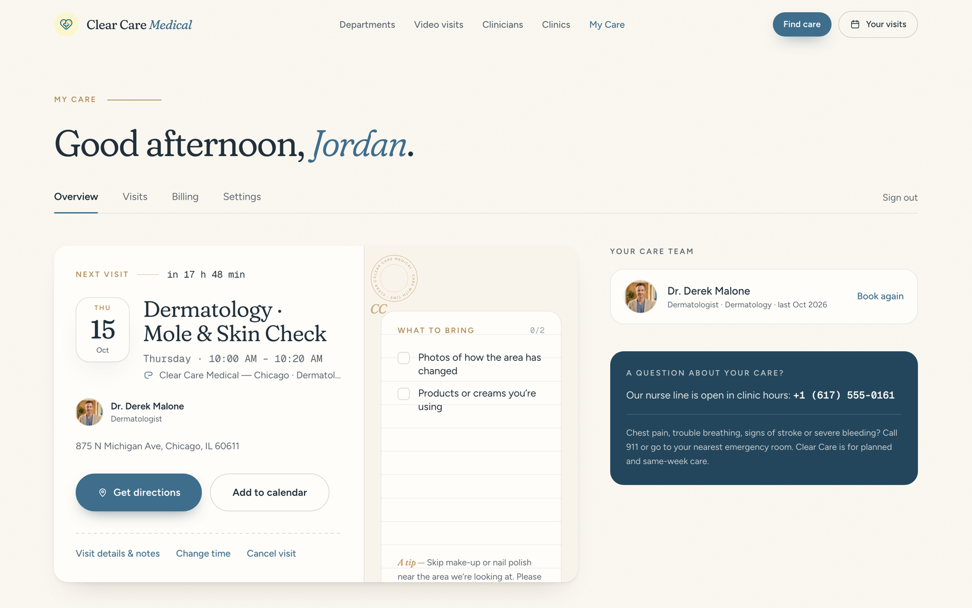 Clear Care template My Care portal with the next visit, a prep checklist and the care team