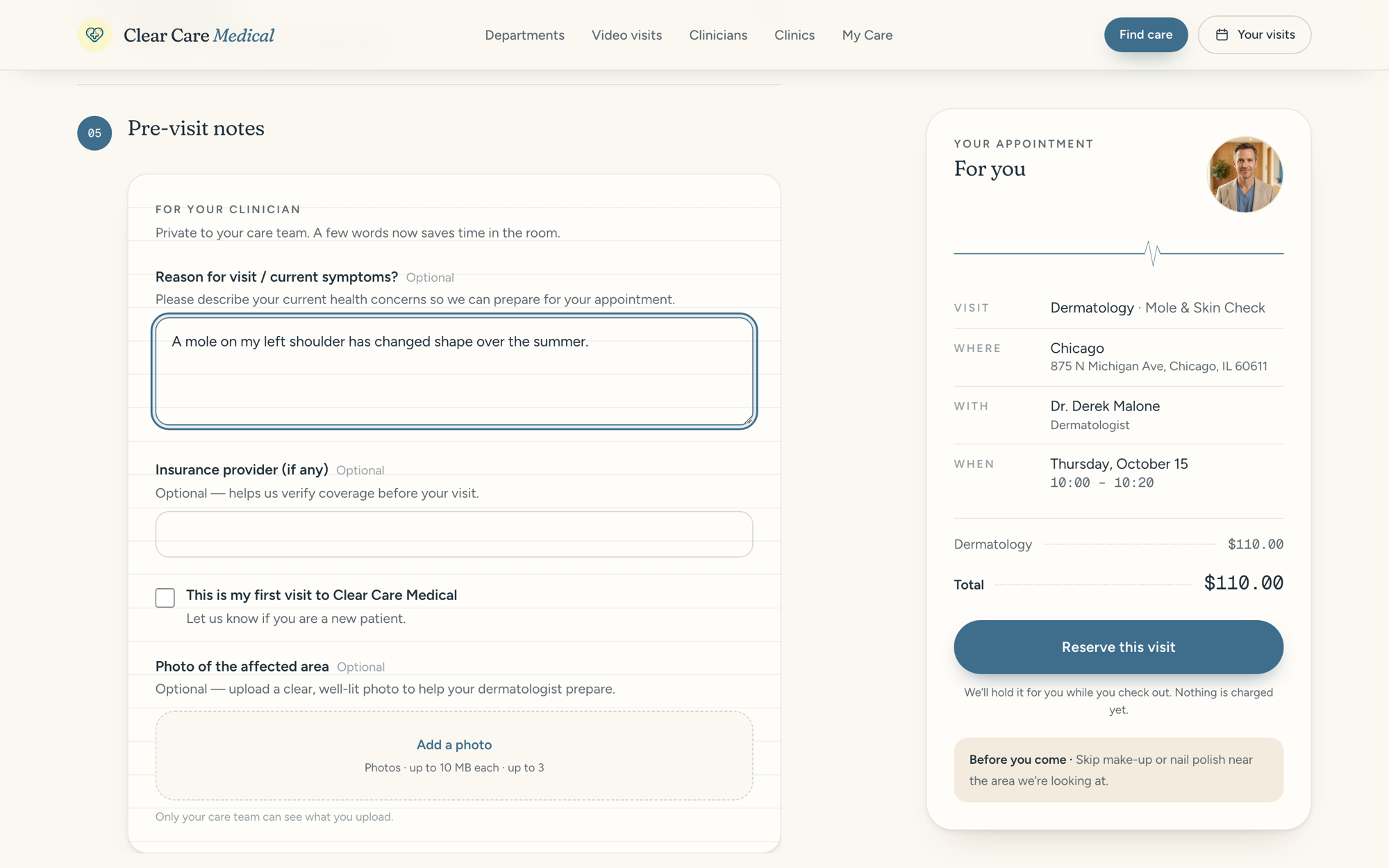 Clear Care template pre-visit notes with reason for visit, insurance provider and photo upload