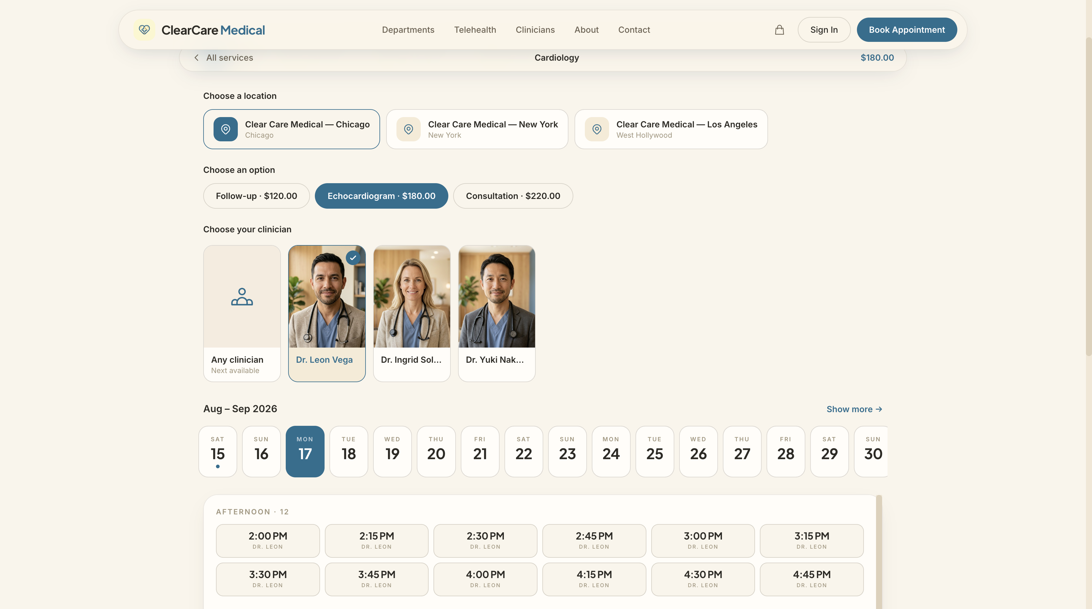 Clear Care template card-stack booking flow with clinician, date and live availability