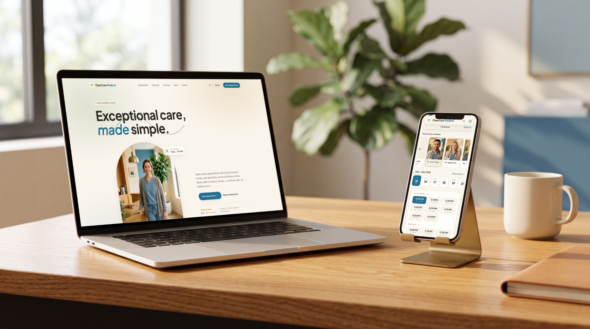 Clear Care medical clinic booking website template — storefront and booking flow