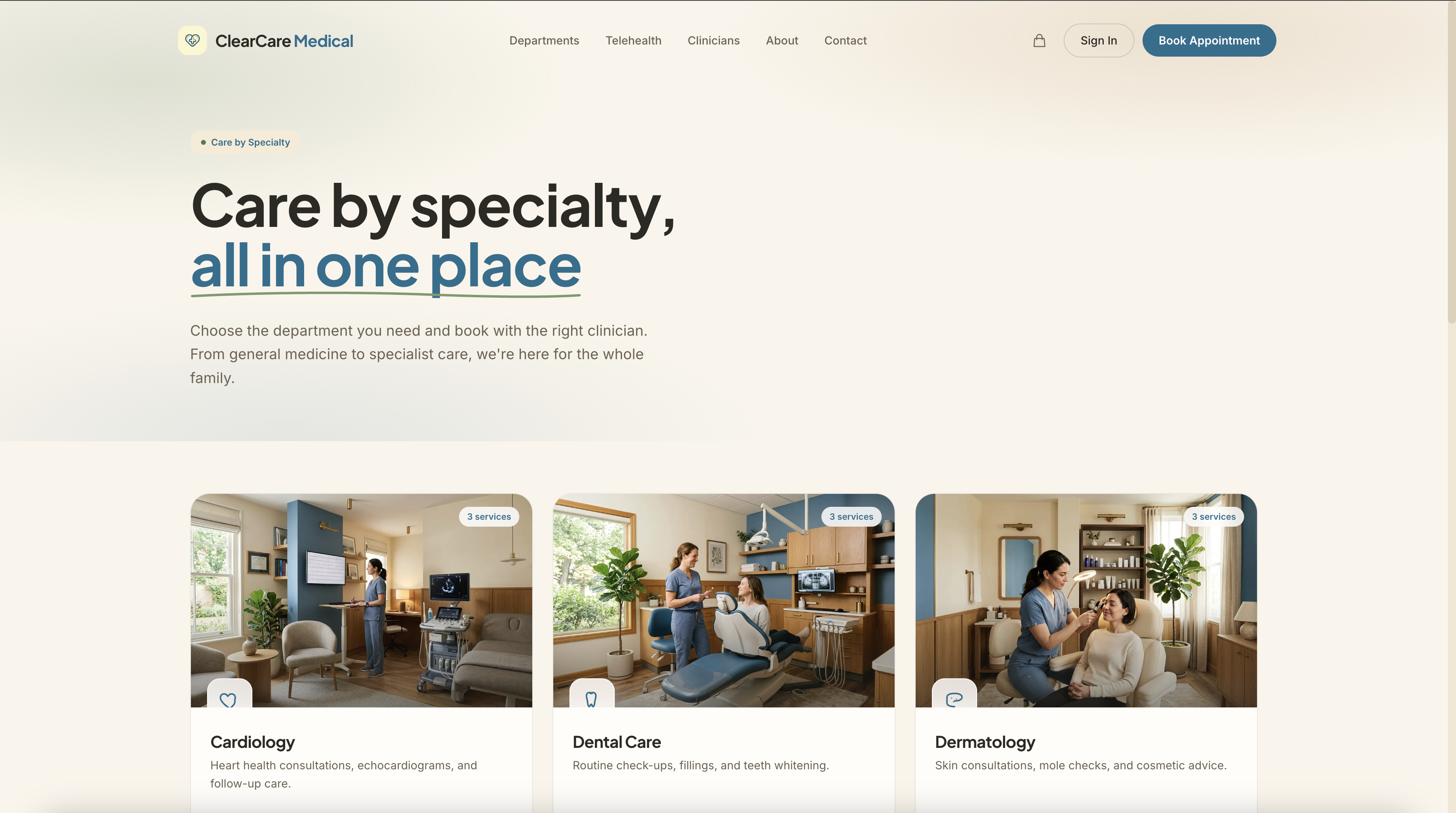 Clear Care template — browse clinic departments by specialty