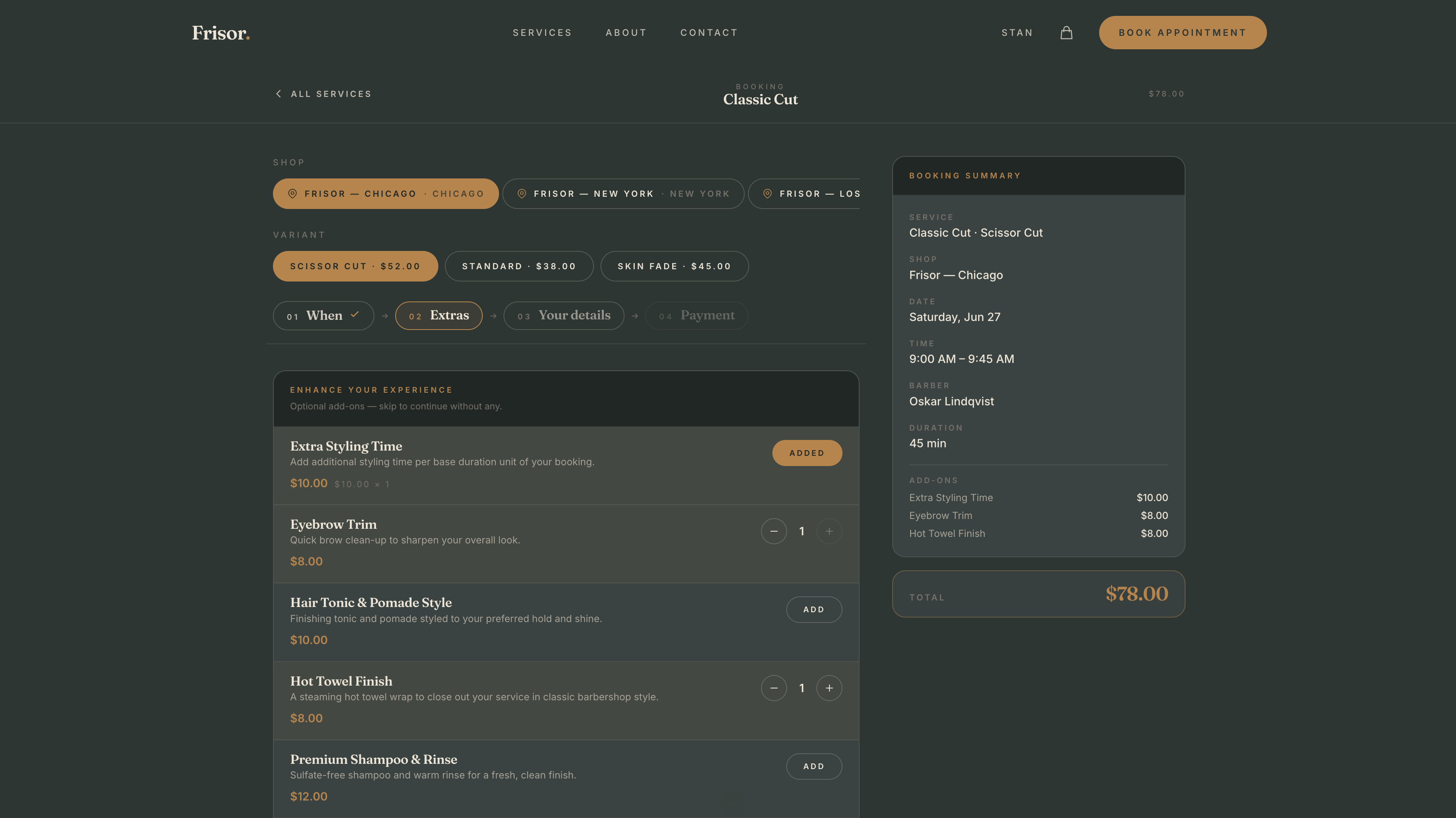 Frisor template booking flow with services, barber, time slots and add-ons