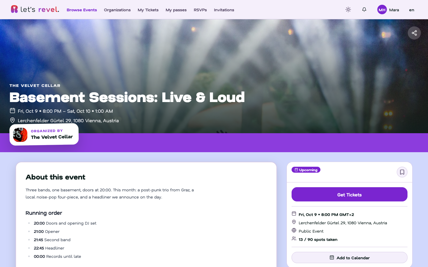 A Revel event page for a gig, with date, venue, running order and a Get Tickets button