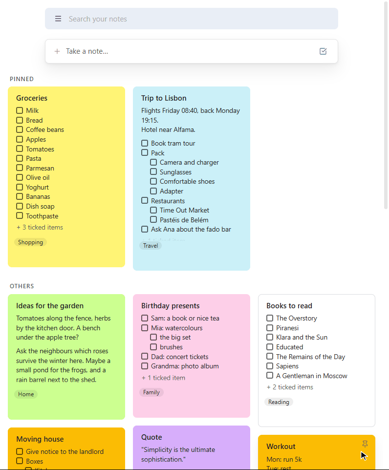 The Keep board: hovering a card, pinning, searching, ticking items on a card and in an open note, and dragging a card