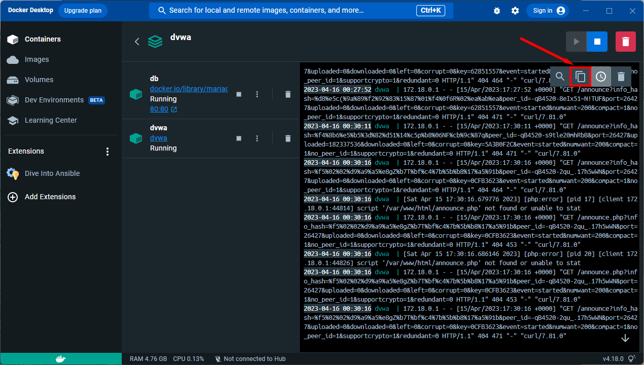 Viewing DVWA logs