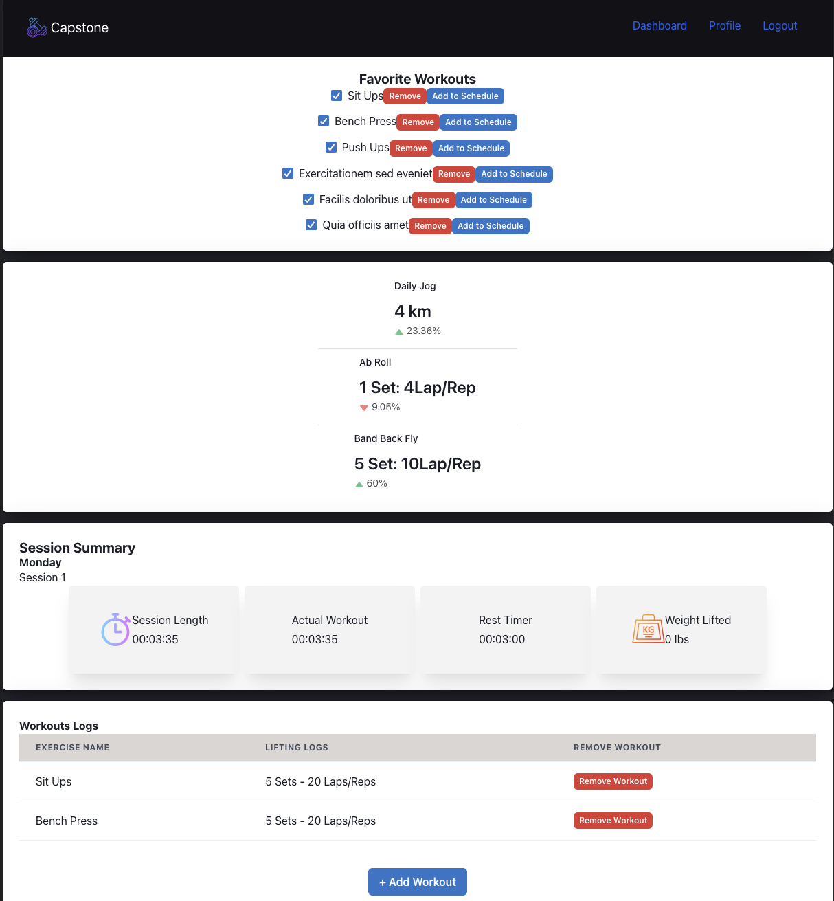 User dashboard with favourite and schedule workouts