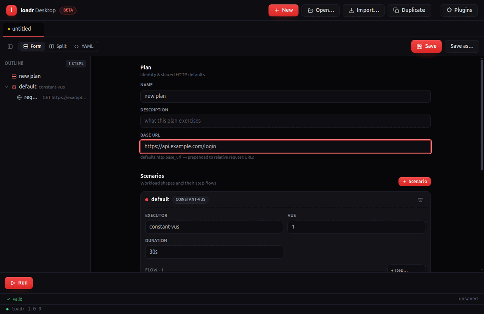 loadr Desktop — compose, outline, run dashboard