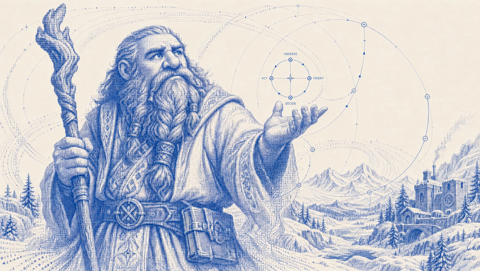 SageCraft: an engraved dwarf priest surrounded by nested decision loops