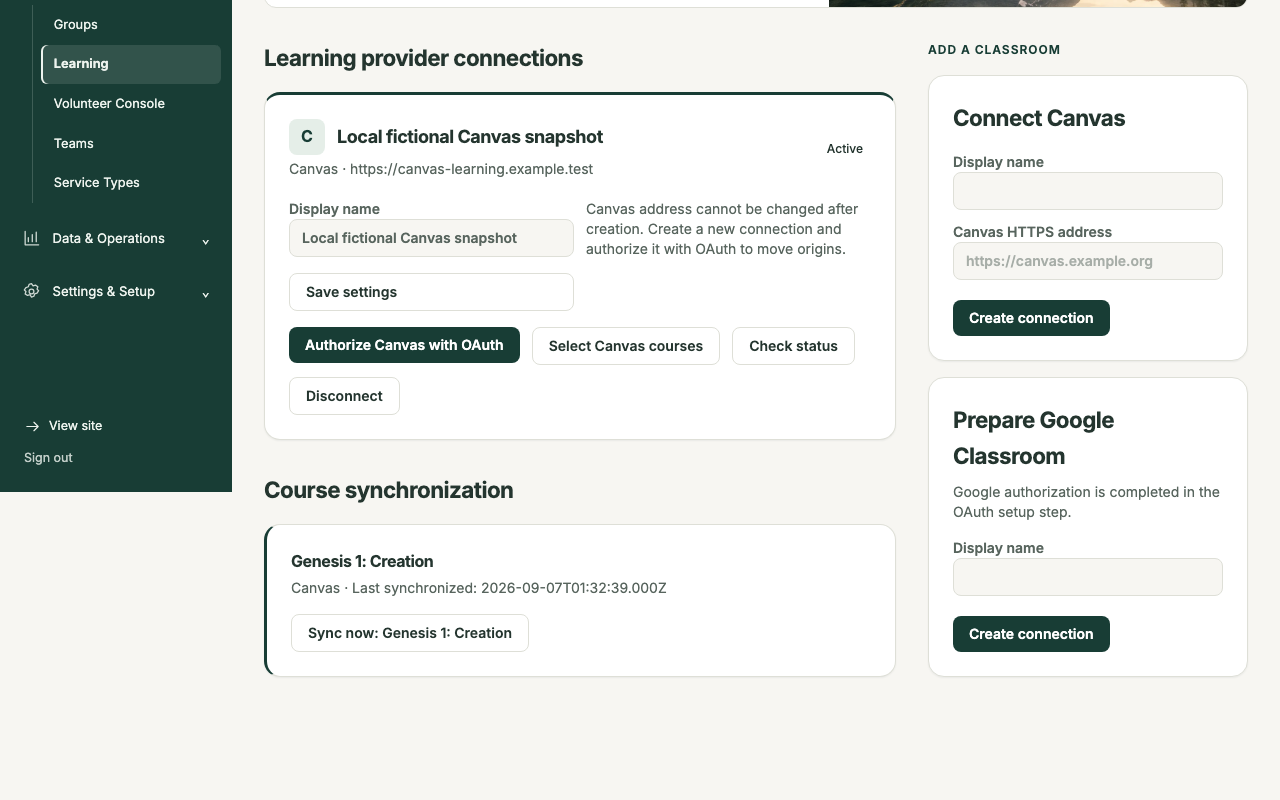 The Learning provider administration page