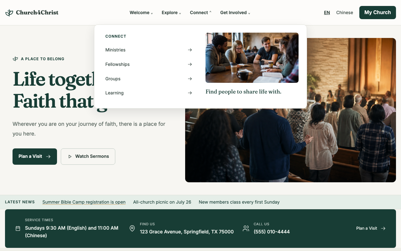 The Connect menu with its own links and community image