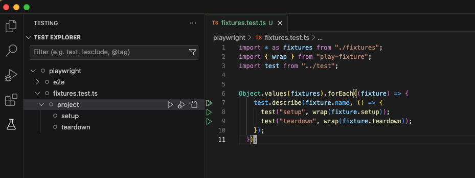 fixtures are playable as tests in VSCode