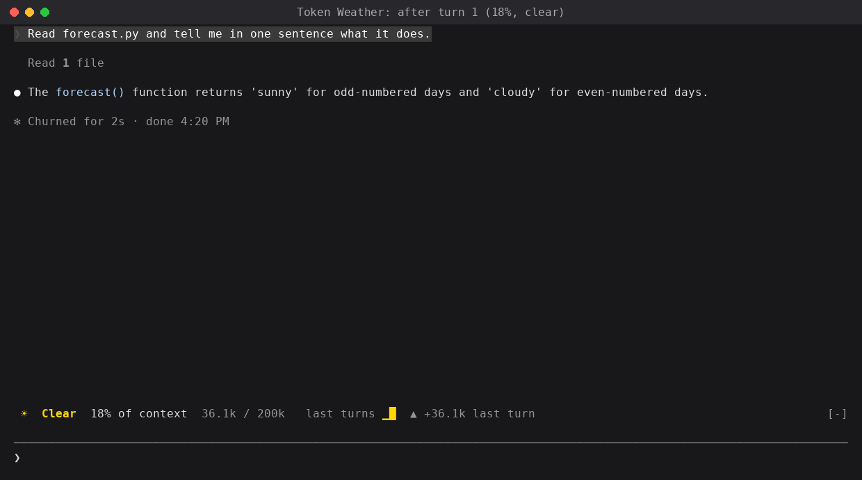 Token Weather reading Clear at 18% of context