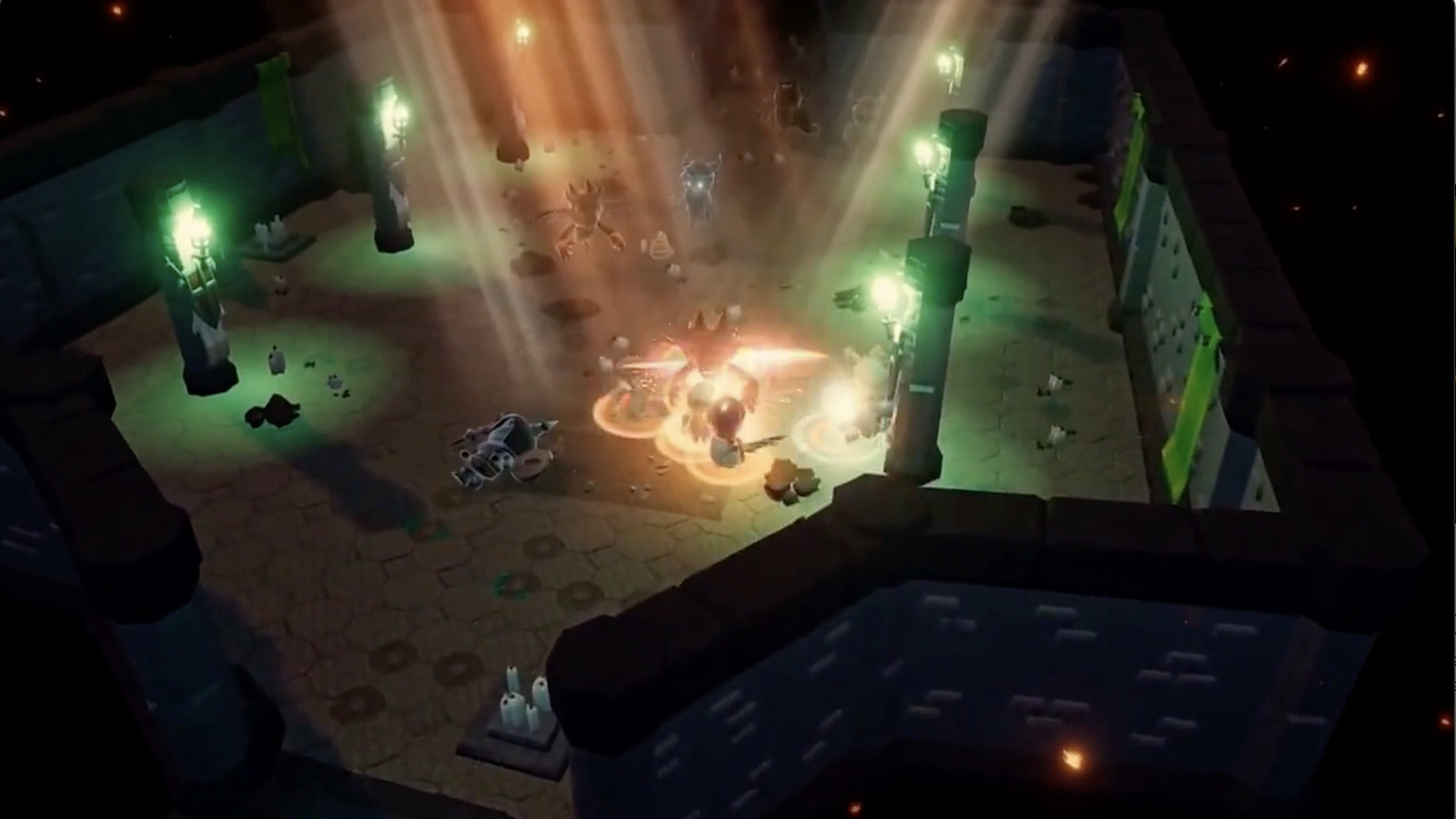 Spellfire erupts in a torch-lit dungeon hall