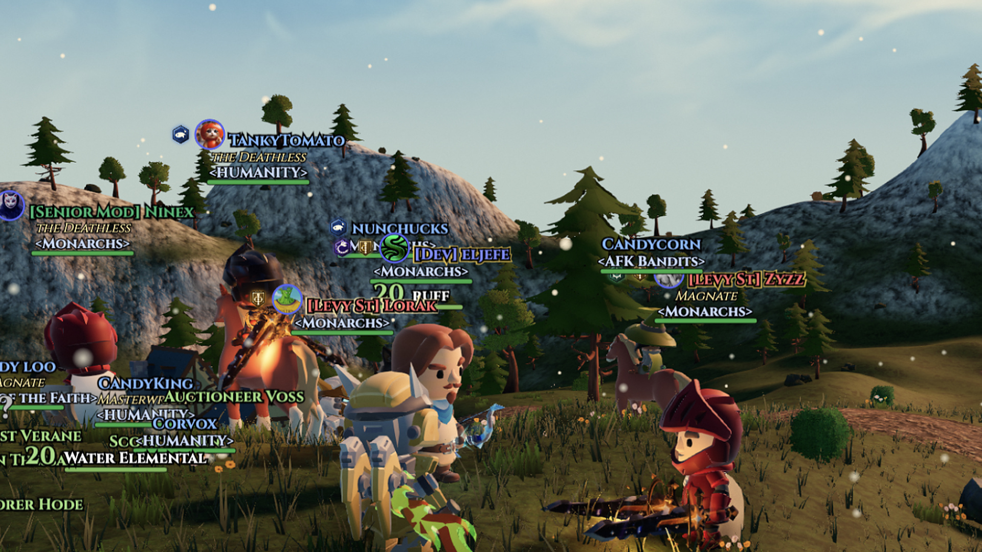 Players crowd together in the snowfall on the live world