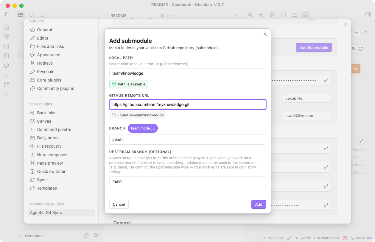 Add submodule dialog with Team mode