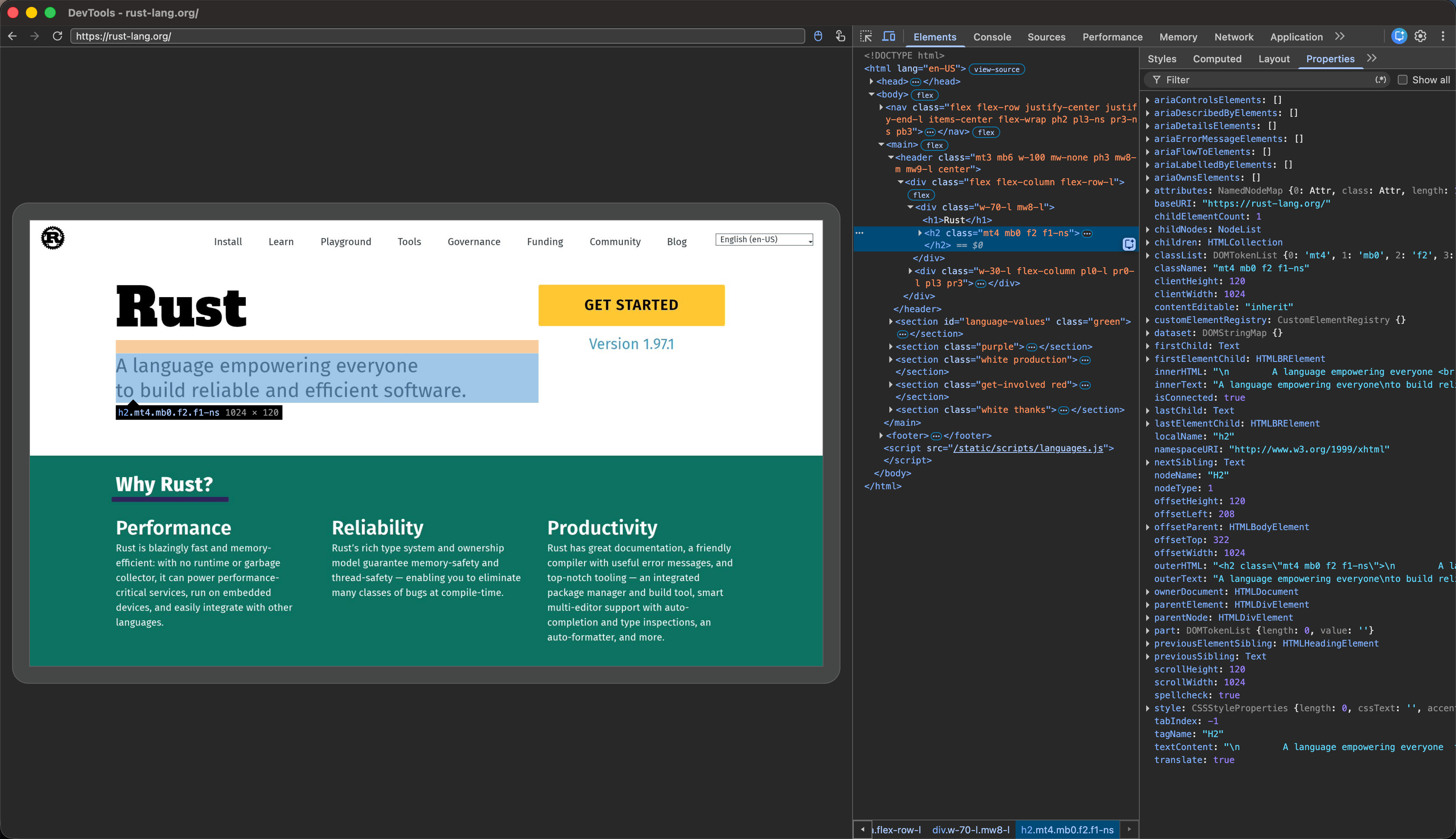 Moli로 렌더링한 rust-lang.org를 Chrome DevTools에서 DOM·CSS·geometry와 함께 검사하는 화면입니다.