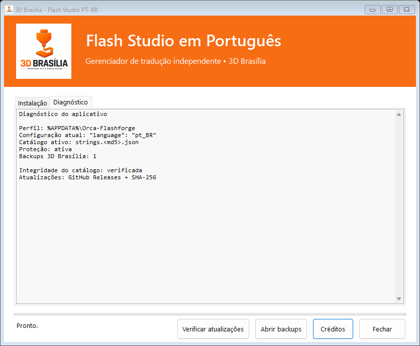Tela de diagn&oacute;stico do Flash Studio PT-BR