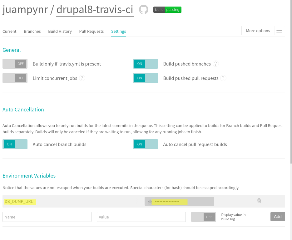 Travis CI db env var