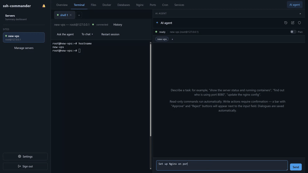 From new-vps to a working website: the agent installs Nginx, configures the site, and verifies HTTP 200