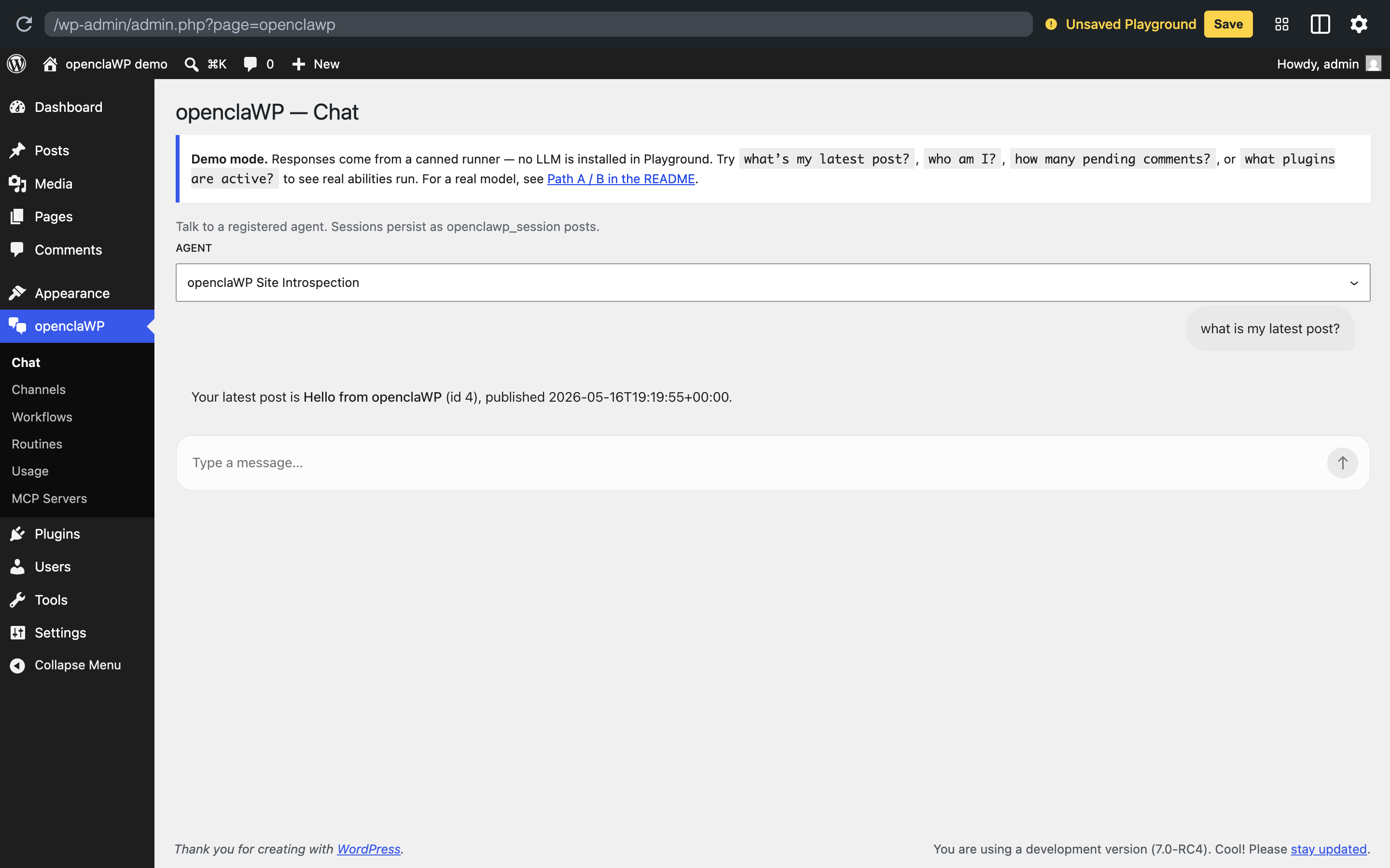 openclaWP chat answering "what is my latest post?" with real WordPress data, running in WordPress Playground