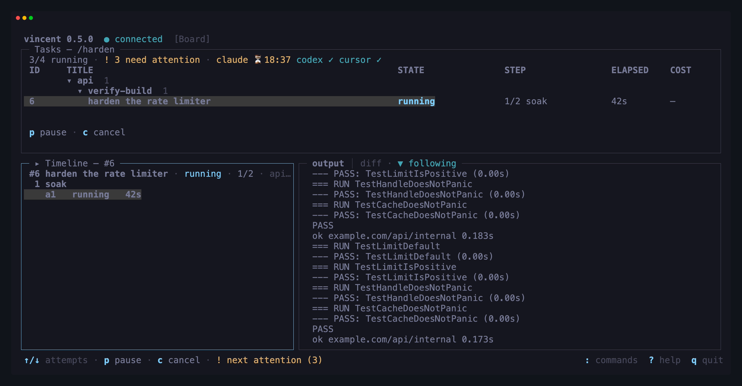 The vincent TUI: task board, step timeline, and live agent output