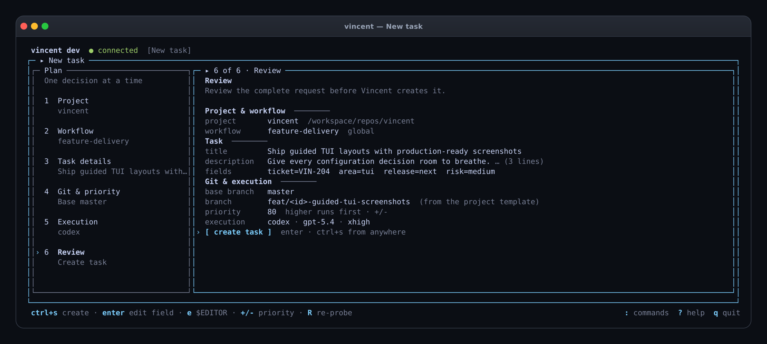 The guided new-task flow at its final review stage, with the six-step plan and a populated task request