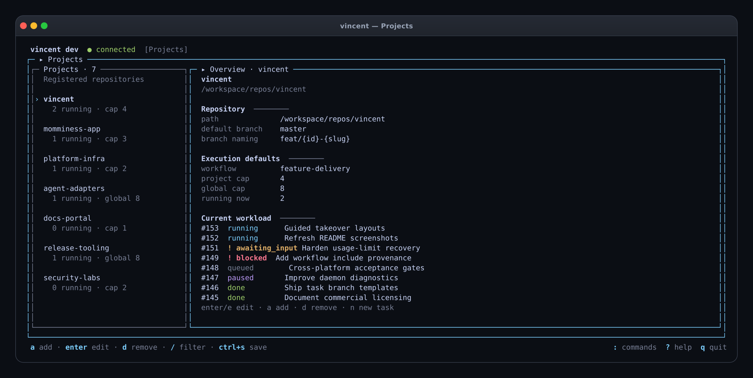 The Projects view showing seven repositories, execution defaults, concurrency limits, and a mixed active workload