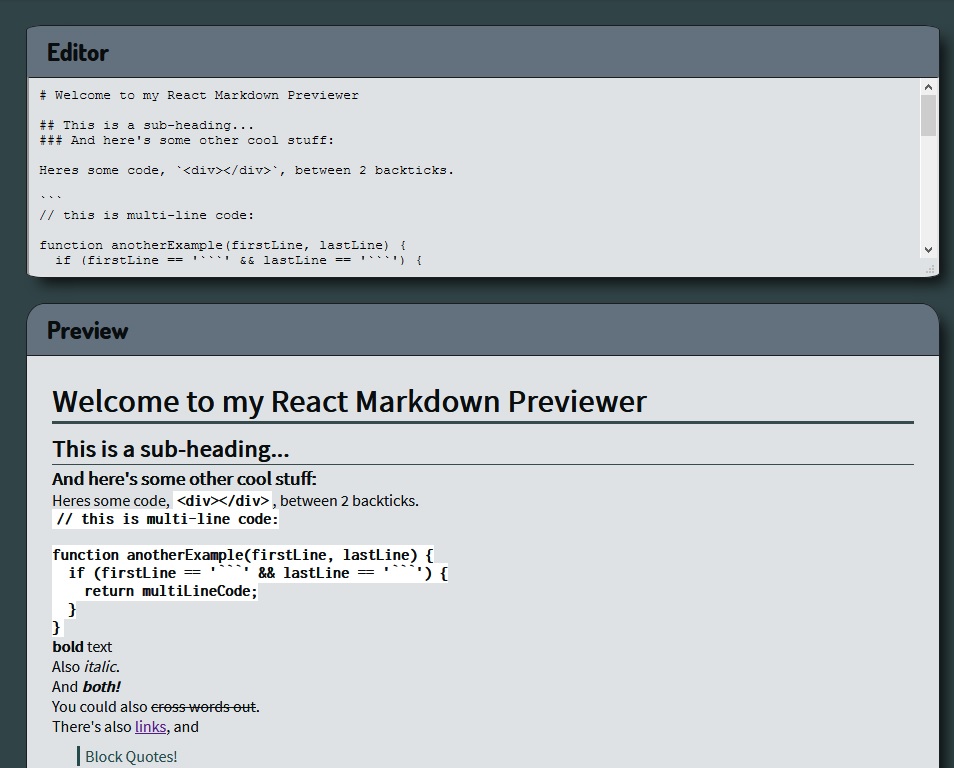 preview of the Markdown Previewer's webpage