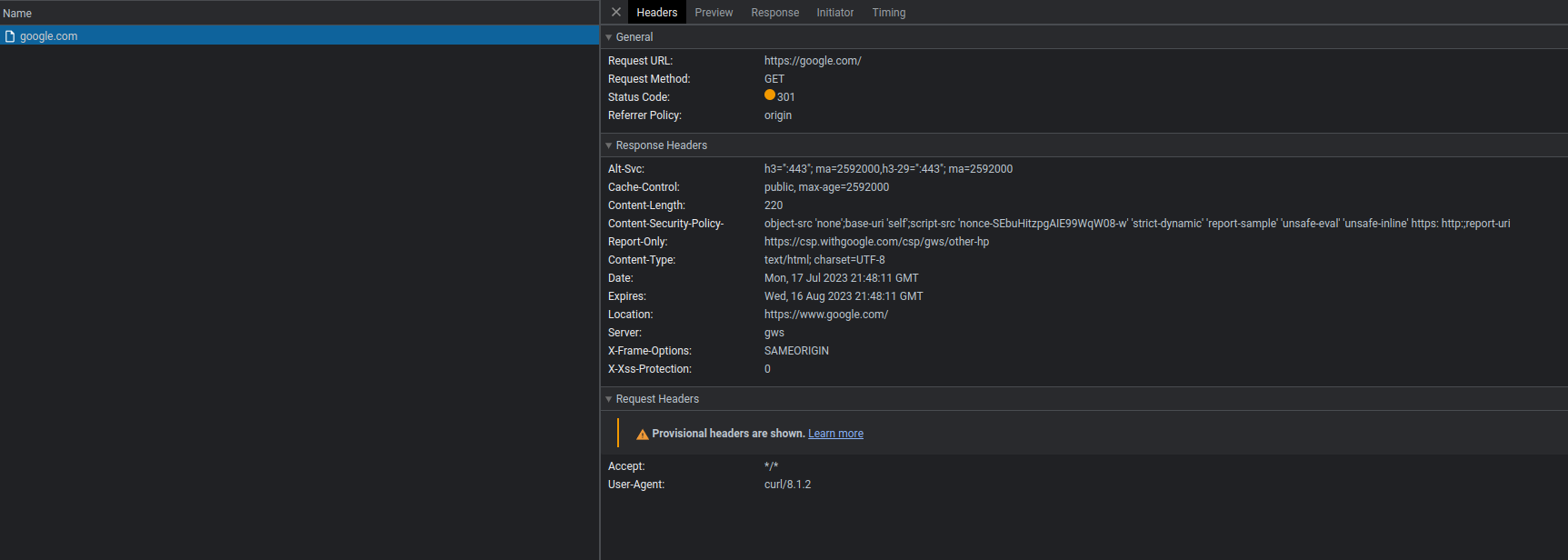 screenshot of chrome devtools showing one request to google.com performed by
curl