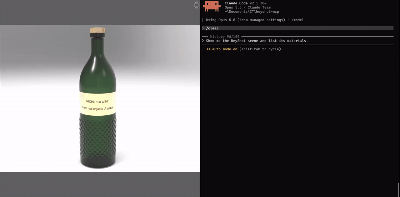 Claude Code が KeyShot のシーンを読み込み、ボトルのガラスを3回変更してから、すべての変更を取り消します。
