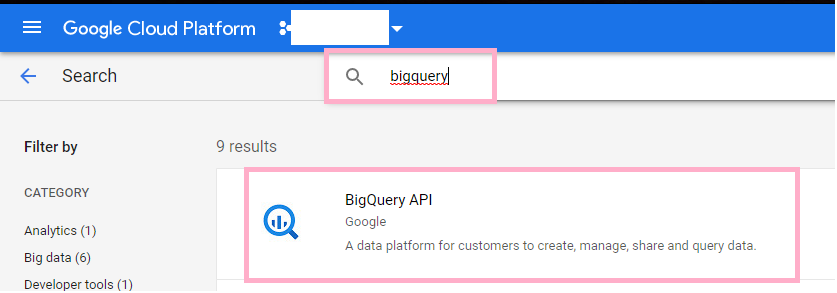 Search for BigQuery API