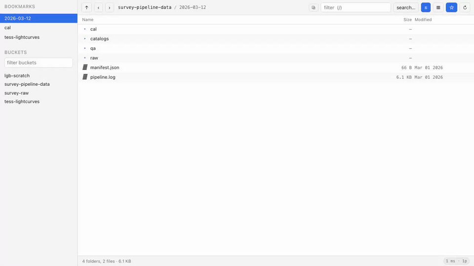 s3view browsing a night of pipeline products: a 191 MB FITS frame previewed from ~8 MB of ranged reads, an ASDF array, gallery thumbnails, and a 900-object prefix