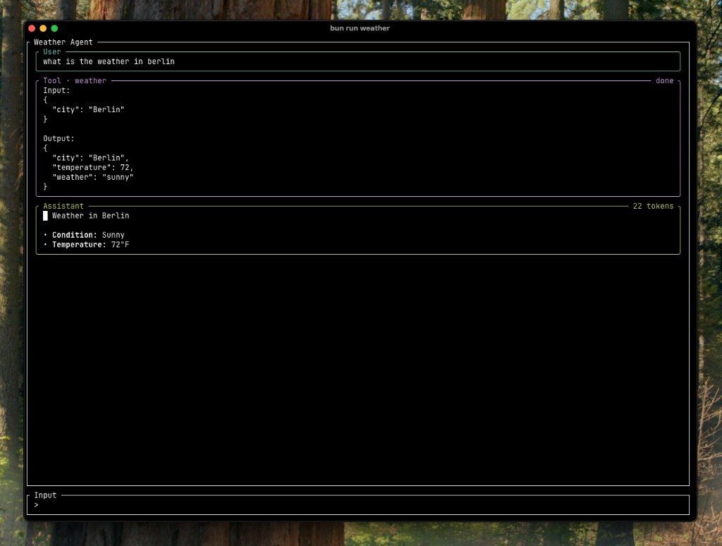agent-tui terminal interface showing a weather agent tool call and response