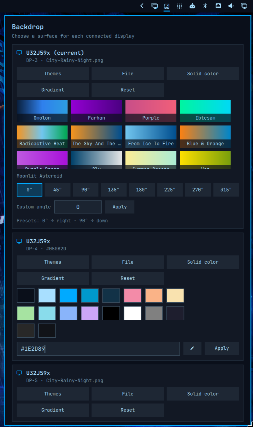 Backdrop panel showing wallpaper controls for three displays