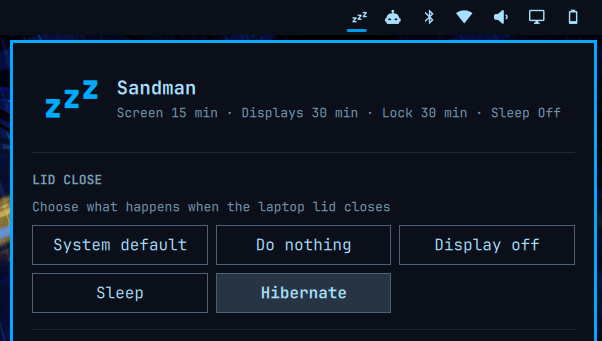 Sandman laptop lid-close actions