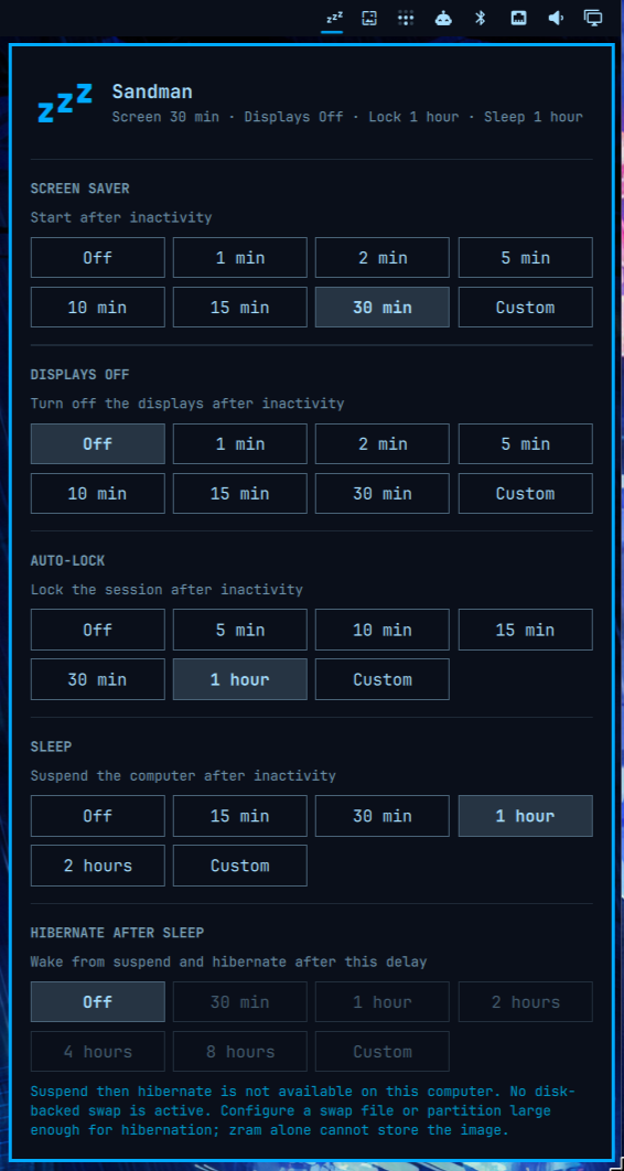 Sandman screensaver, auto-lock, and sleep settings