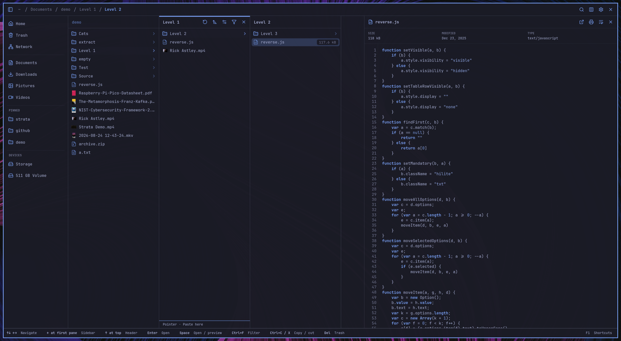 Strata showing Columns, Icons, and List views, search, a context menu, file properties, and settings