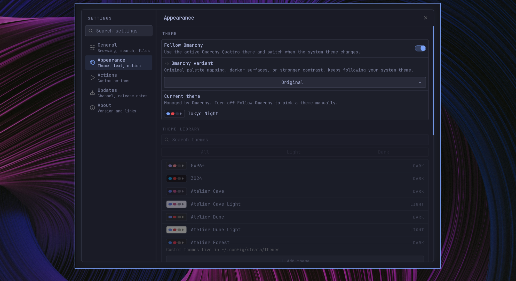 Strata Appearance settings showing Follow Omarchy, the Omarchy variant, the current theme, and the searchable theme library
