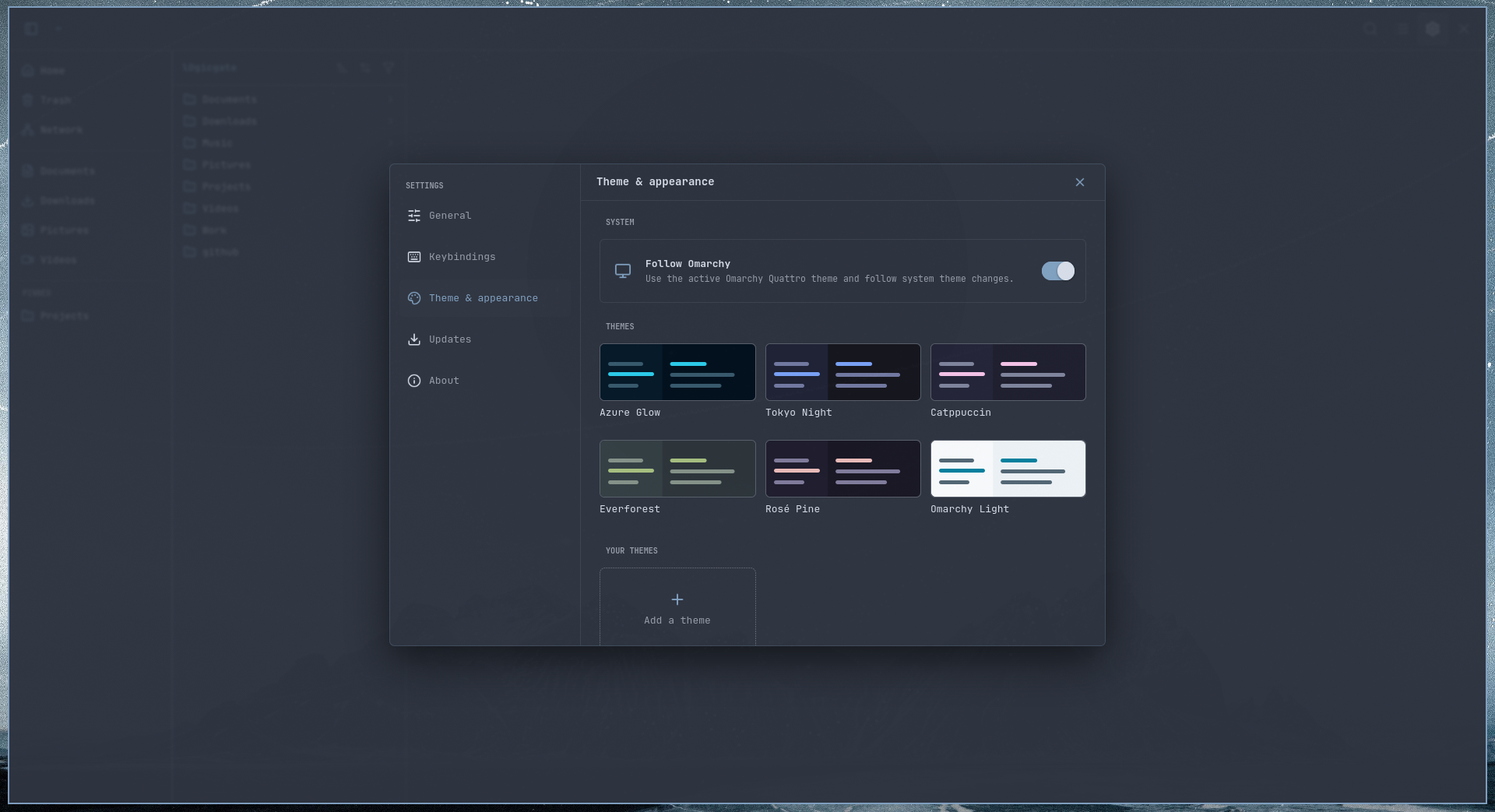 Strata Theme and appearance settings showing Omarchy following, six bundled themes, and the Add a theme option