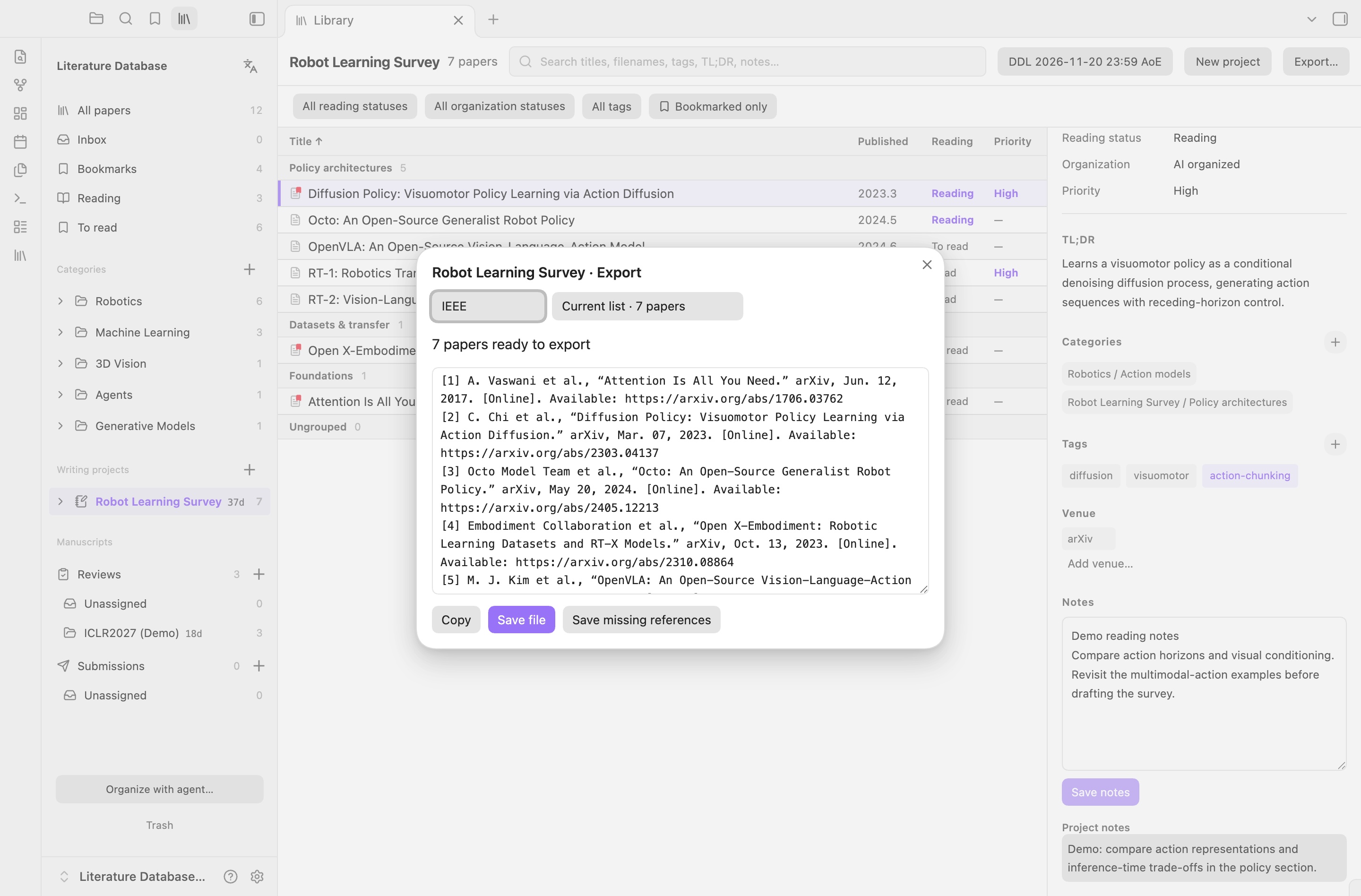IEEE reference export preview for the demo writing project