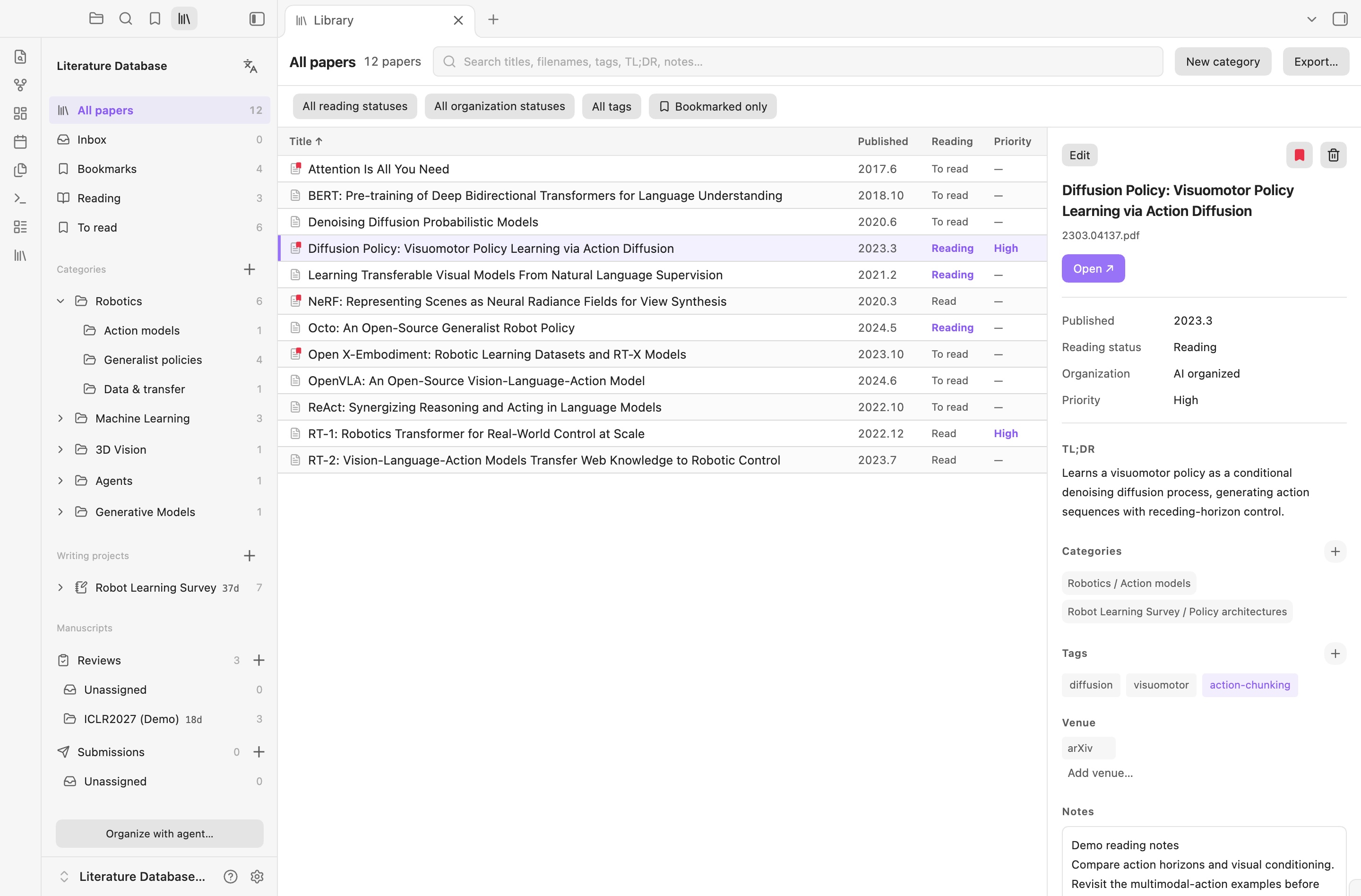 English library overview with a compact paper list, reading status, priority, tags and personal notes