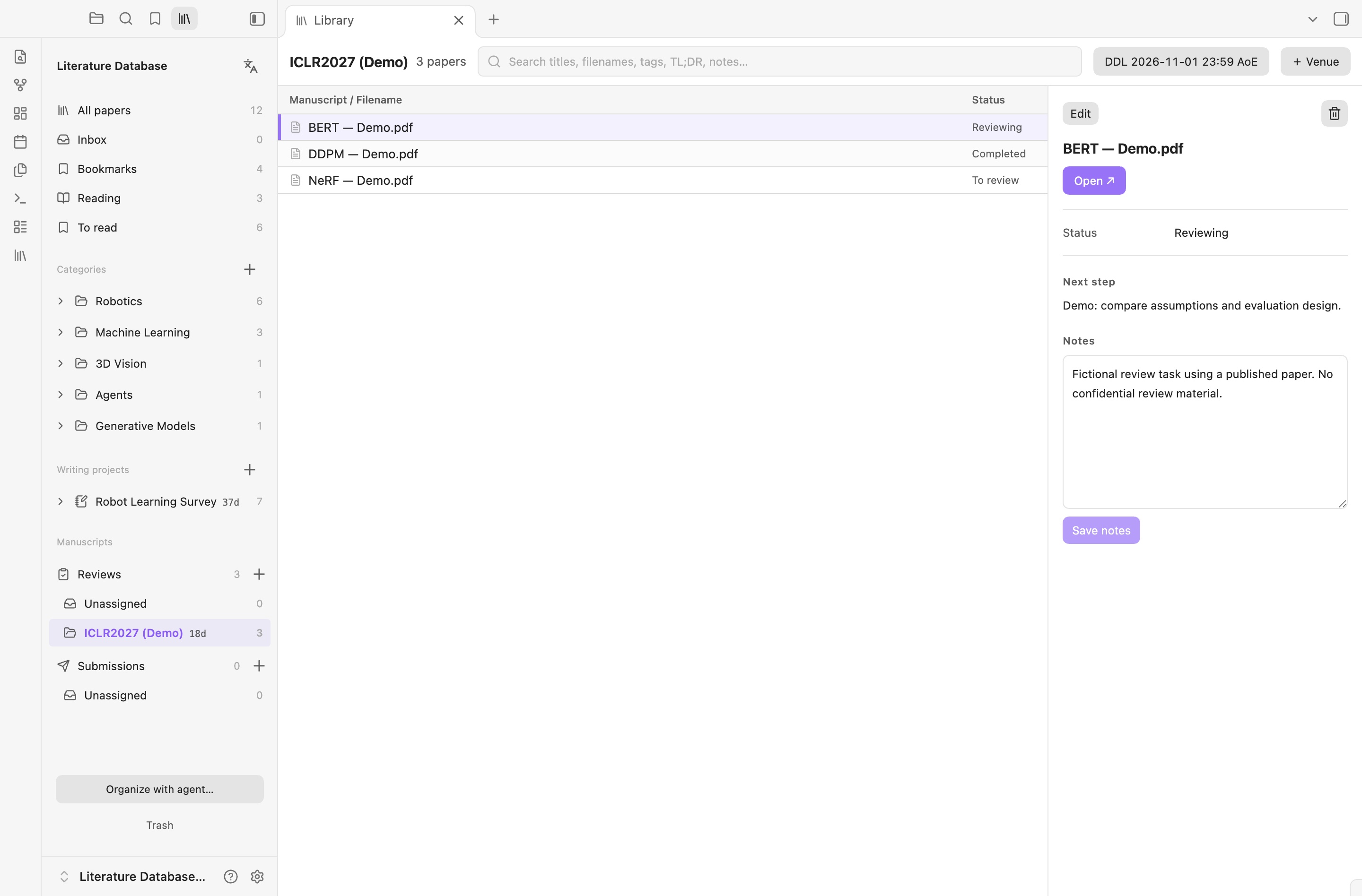 ICLR2027 demo review tracker with a shared deadline and an inline review status control