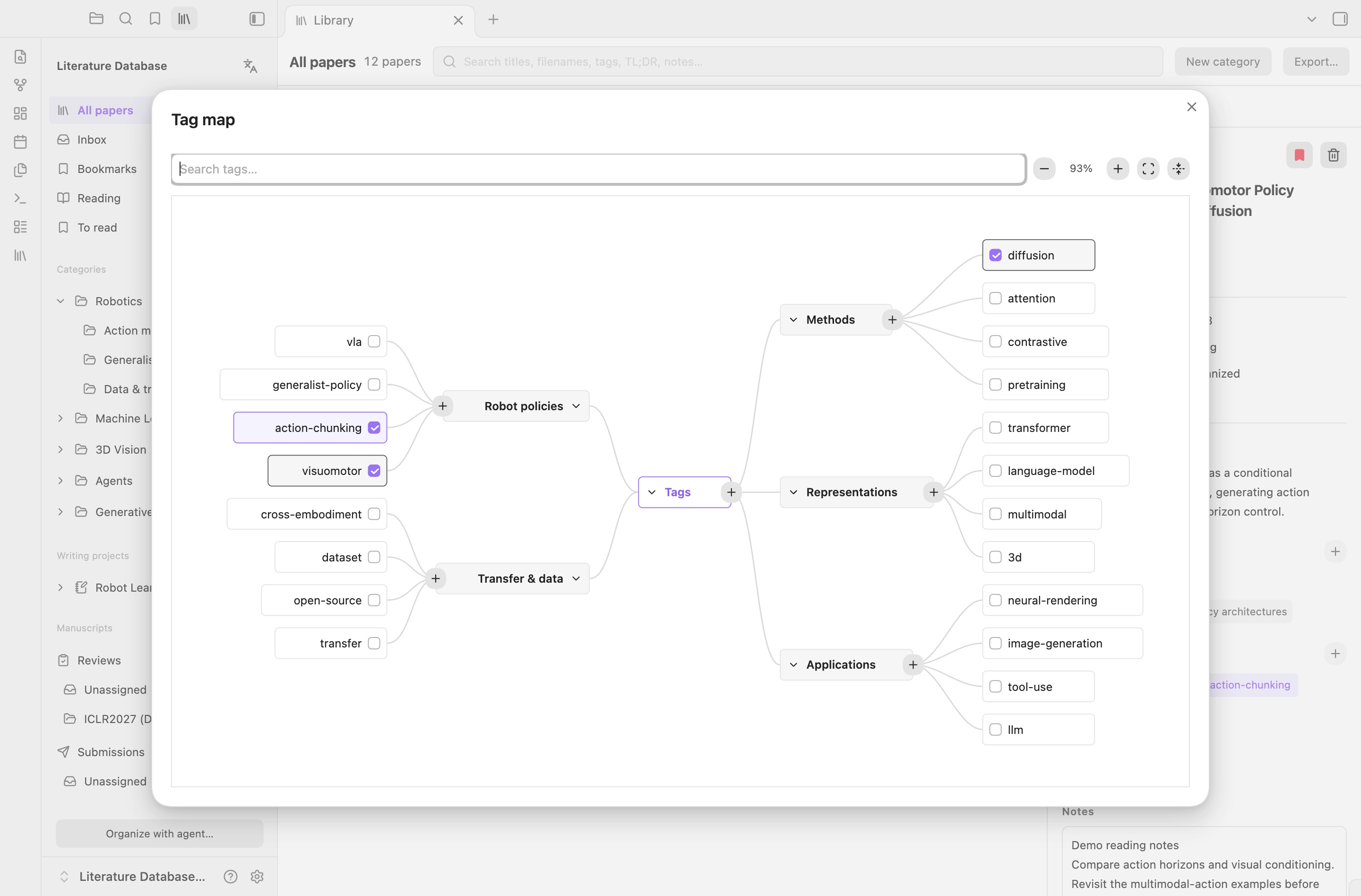 Two-sided tag mind map with inline branch creation and per-paper checkboxes